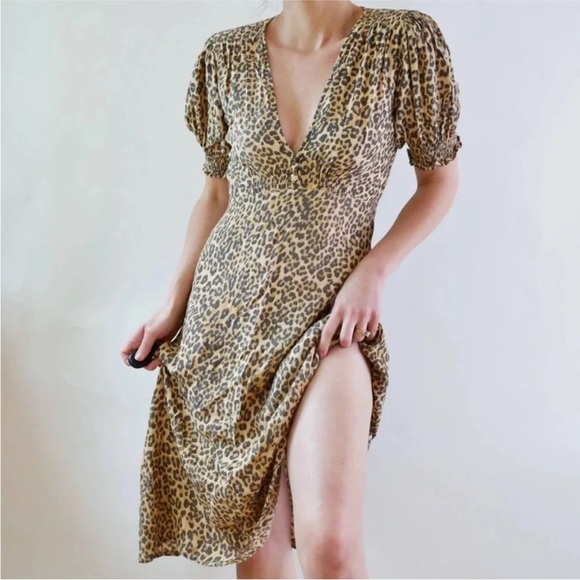 Faithfull the Brand Marie Louise Mila Leopard Animal Print Midi Dress 6 - Picture 1 of 9
